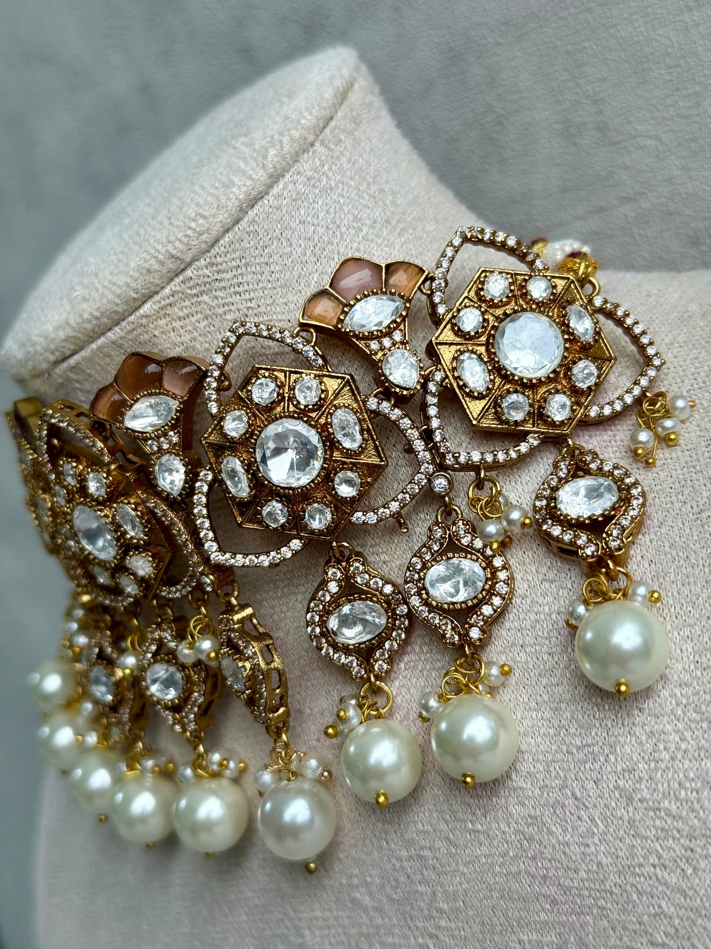 Ayura Designs Serina Choker Set with Earrings – Nude Blush Enamel, Mirror-Cut Stones & Pearl Drops