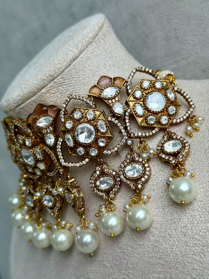 Ayura Designs Serina Choker Set with Earrings – Nude Blush Enamel, Mirror-Cut Stones & Pearl Drops