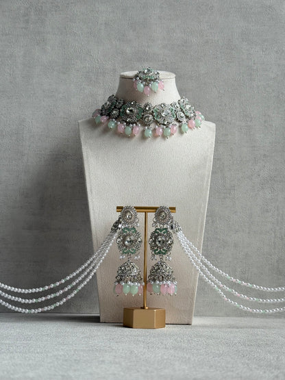 Ayura Designs Uzairah Set with Tikka & Sahare Jhumkis – Pastel Mint & Blush Beads with Pearl Strands & Mirror-Cut Detailing
