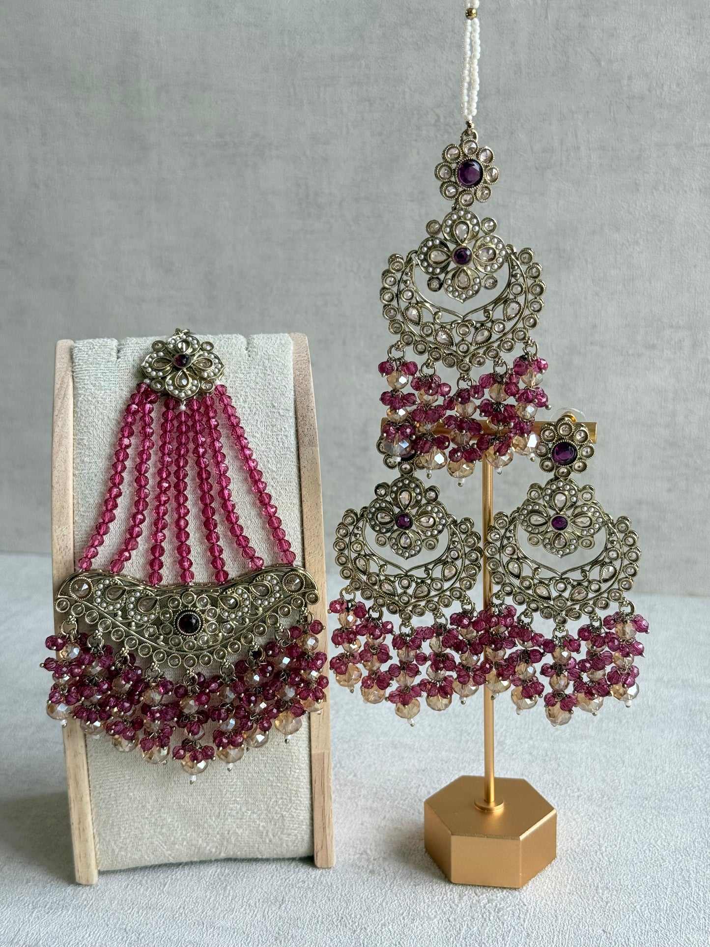 Ayura Designs Dilnaz Necklace Set with Earrings, Tikka & Passa – Berry Pink & Champagne Crystal Beads & Antique Gold Finish