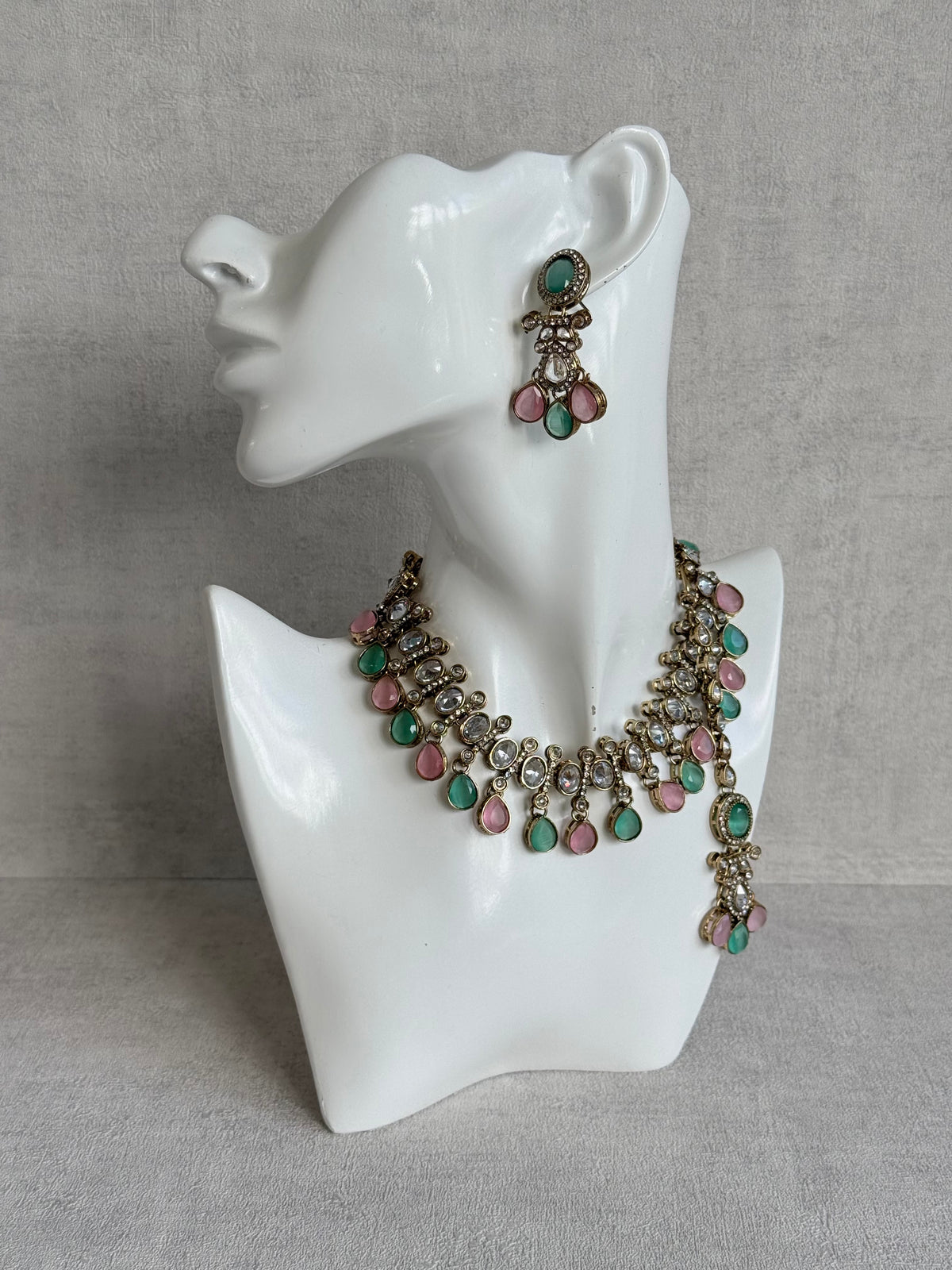 Ayura Designs Ava Necklace Set with Earrings & Tikka – Mint Green & Blush Pink Stone Necklace Set in Antique Gold Finish