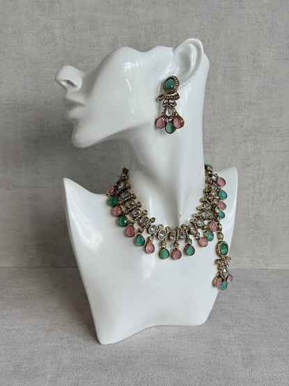 Ayura Designs Ava Necklace Set with Earrings & Tikka – Mint Green & Blush Pink Stone Necklace Set in Antique Gold Finish