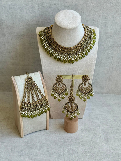 Ayura Designs Sabeen Set with Choker, Jhumkis, Tikka & Jhoomar – Champagne Kundan, Pearl Clusters & Olive Green Beads