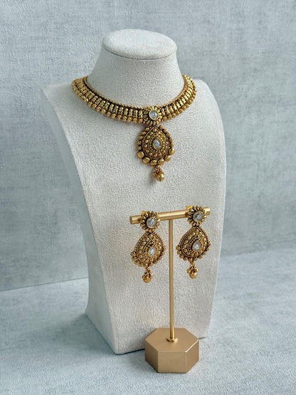 Ayura Designs Ayma Necklace Set with Earrings – Antique Gold Finish with All-Crystal Detailing
