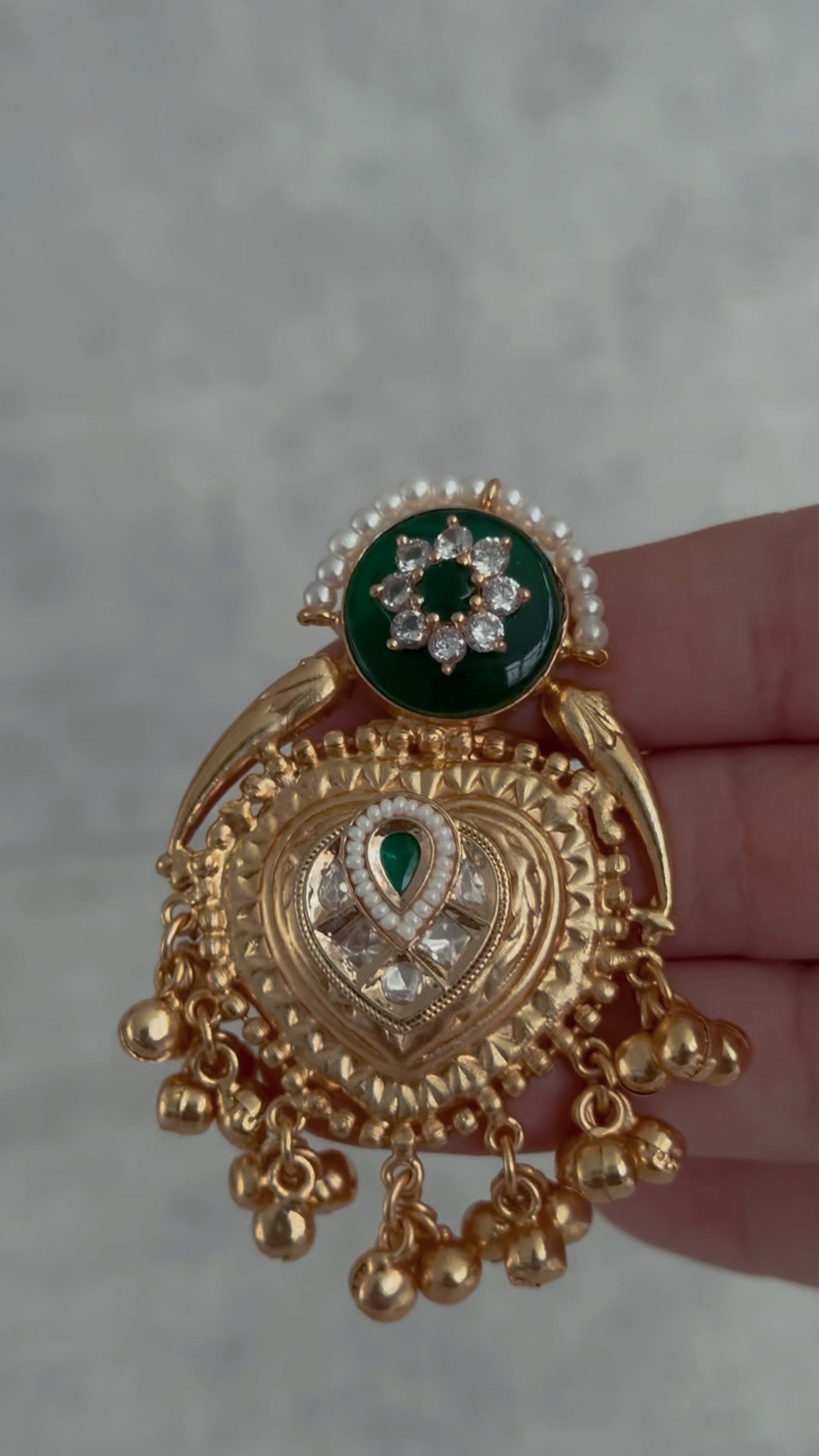 Ayura Designs Sorcha Adjustable Ring – Emerald Green Enamel, Pearl Detailing, Antique Gold & Mirror-Cut Stones