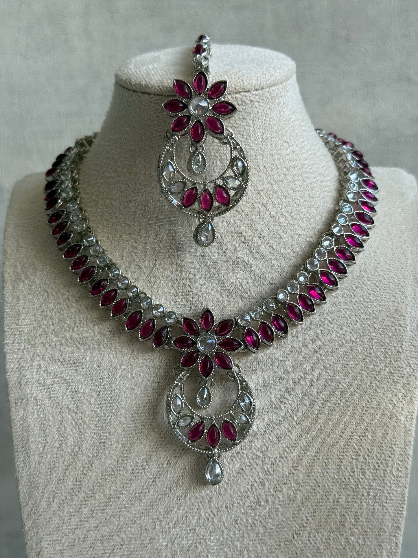 Ayura Designs Fareeha Set with Necklace, Earrings & Tikka – Mirror-Cut Stones, Fuchsia Floral Detailing & Silver Finish