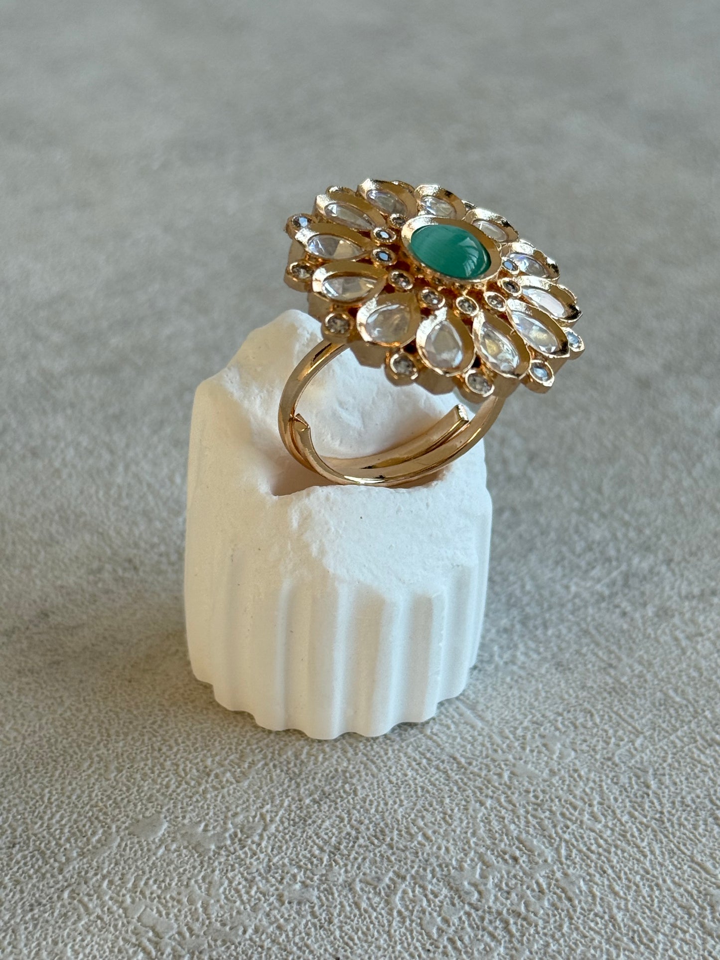 Ayura Designs Luisa Adjustable Ring – Mint Centre Stone with Crystal Petal Detailing