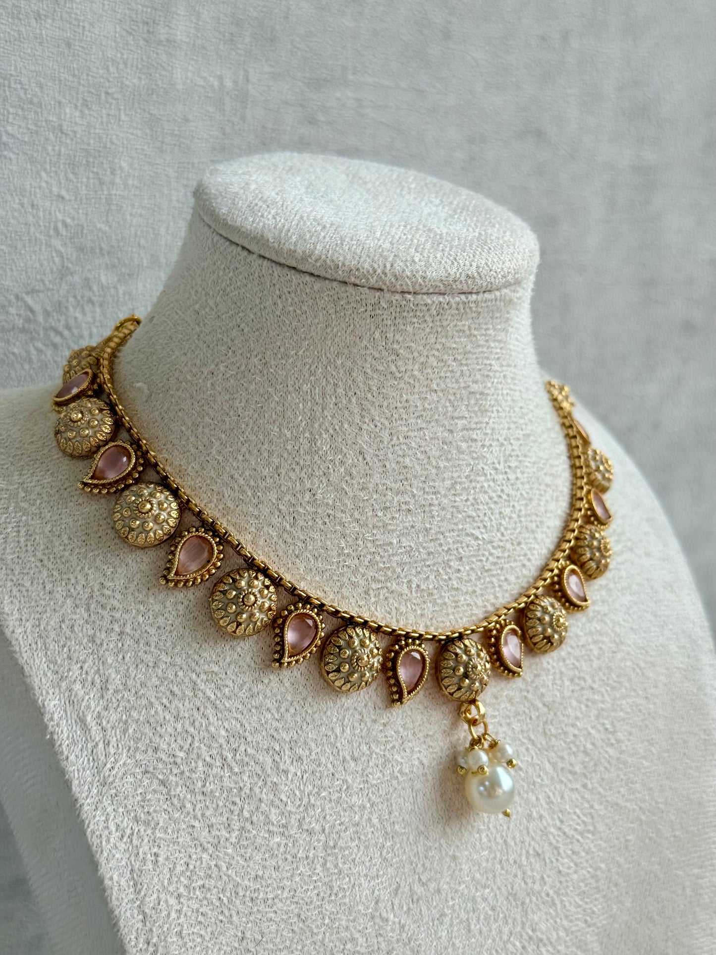 Ayura Designs Mayura Necklace Set with Earrings – Antique Gold Meenakari Motifs with Pearl Drop & Blush Pink Stones