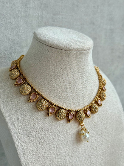 Ayura Designs Mayura Necklace Set with Earrings – Antique Gold Meenakari Motifs with Pearl Drop & Blush Pink Stones