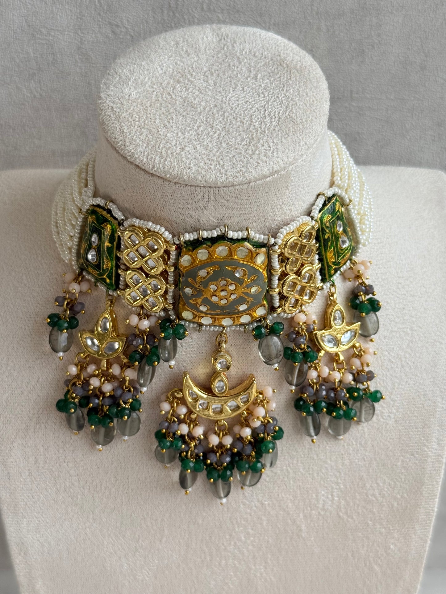 Ayura Designs Rehma Meenakari Kundan Choker Set with Earrings – Emerald Green & Pearl Bead Detailing