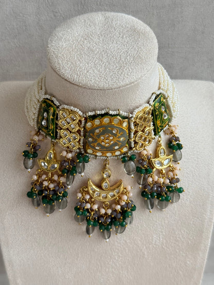 Ayura Designs Rehma Meenakari Kundan Choker Set with Earrings – Emerald Green & Pearl Bead Detailing