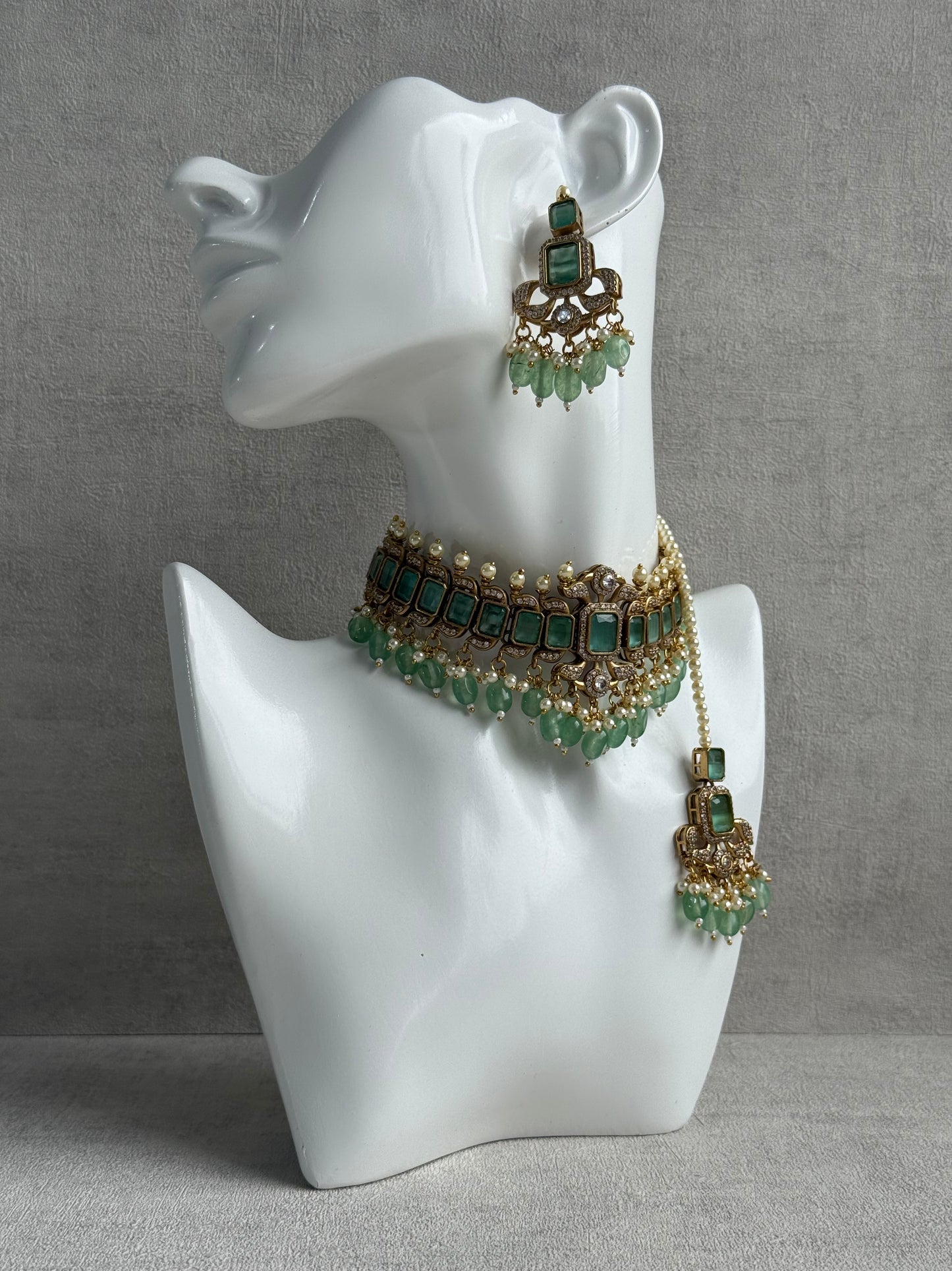 Ayura Designs Esme Set – Antique Gold Choker with Mint Green Stones, Pearls & Crystal Detailing