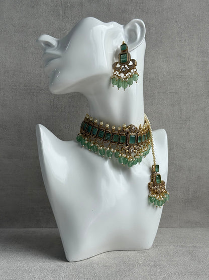 Ayura Designs Esme Set – Antique Gold Choker with Mint Green Stones, Pearls & Crystal Detailing