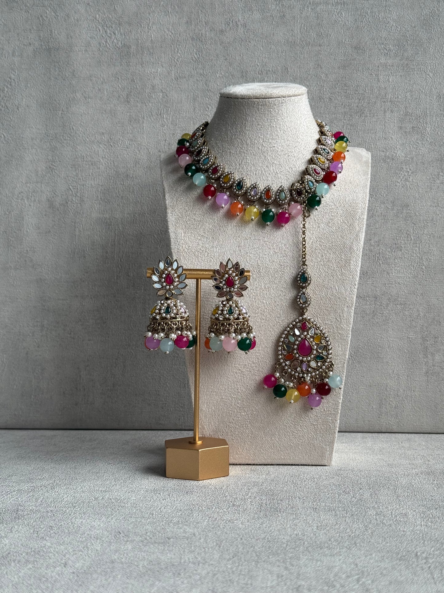 Ayura Designs Aanya Set – Multicolored Kundan Necklace with Mirror Work Jhumkis & Tikka