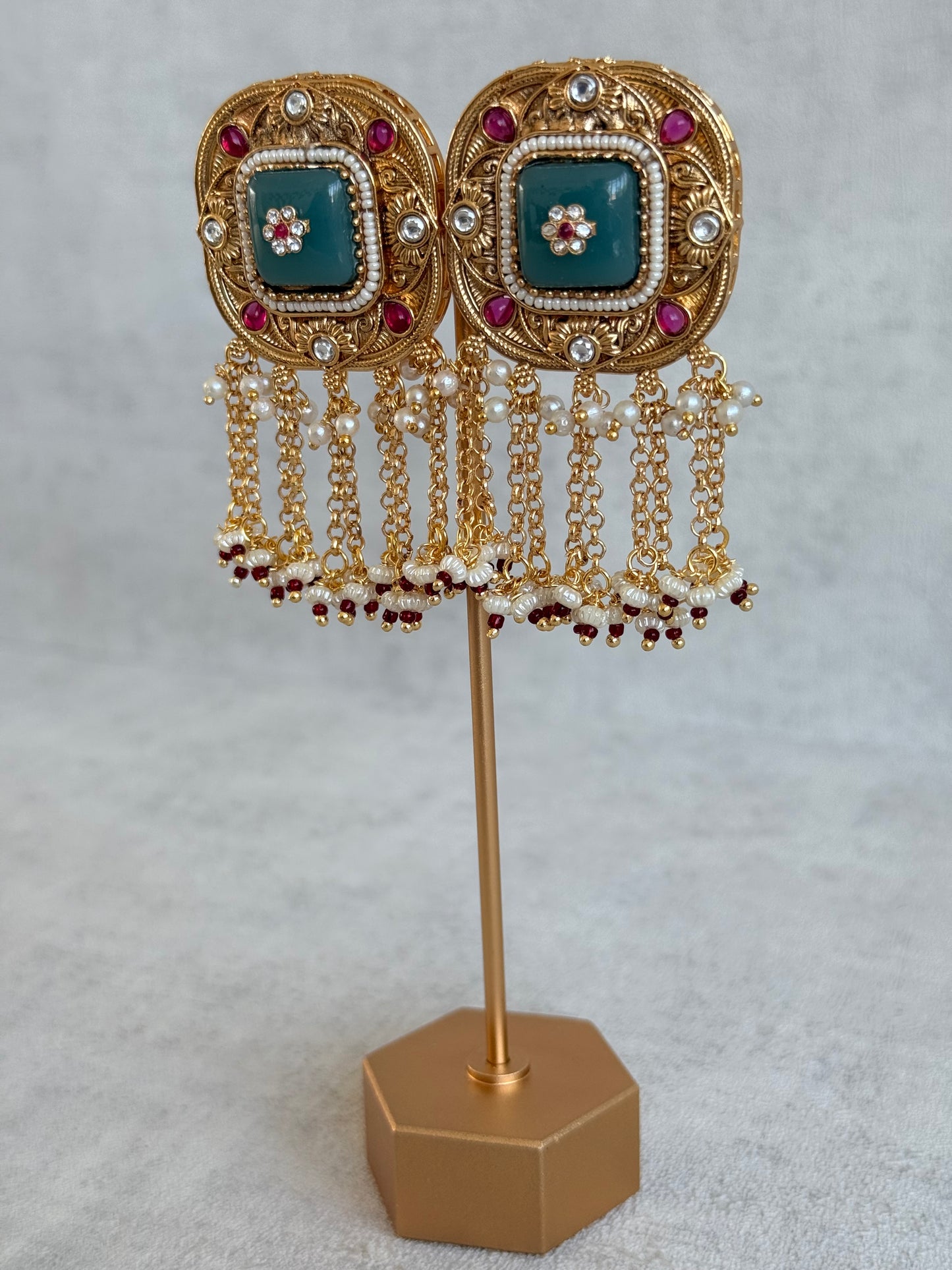 Ayura Designs Gunjal Earrings – Sage Green & Rani Pink Chain Drop Studs with Kundan & Bead Detailing