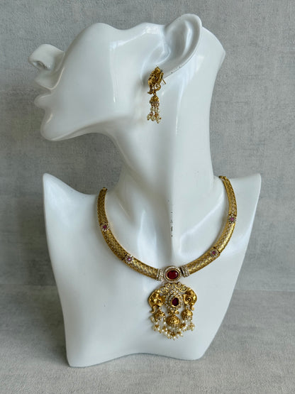 Ayura Designs Wadha Collar Necklace Set with Earrings – Gold Elephant Pendant & Ruby Red Stone Detailing