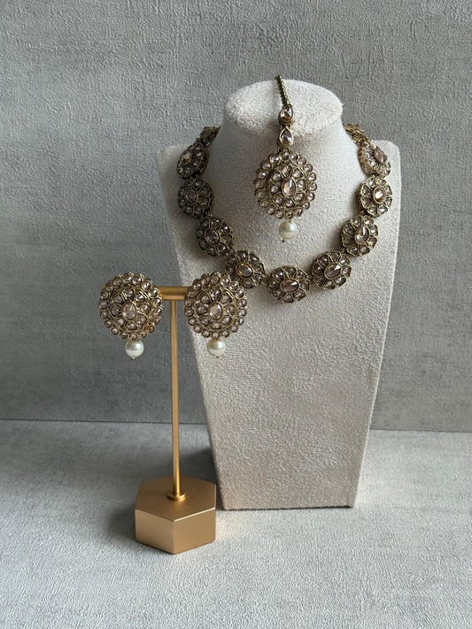 Ayura Designs Sania Set with Necklace, Earrings & Tikka – Champagne Kundan Stones & Antique Gold Finish