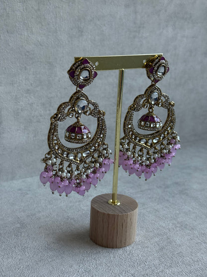 Ayura Designs Reha Earrings – Statement Chandbalis with Lavender Pink Beads, Pearls & Mirror-Cut Stones