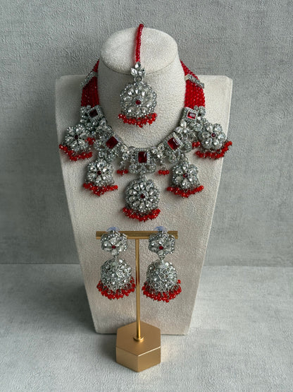 Ayura Designs Zarghuna Set with Jhumkis & Tikka – Orange Beads, Mirror-Cut Stones & Silver Finish