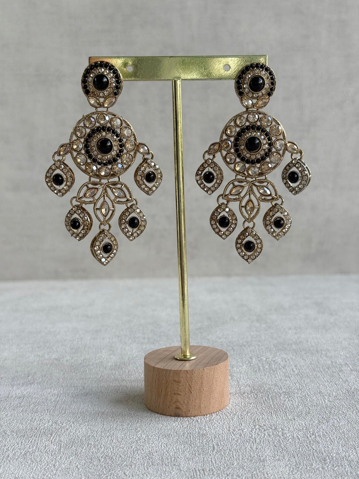 Ayura Designs Vanika Earrings – Black & Champagne Crystal Gold Finish