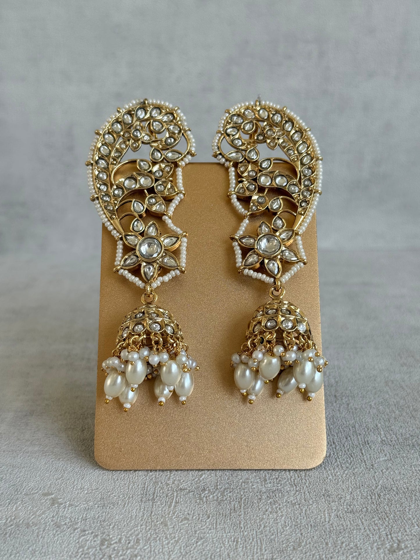 Ayura Designs Urisha Ear Climber Jhumkis – Pearl & Kundan Earrings, Indian Pakistani Bridal Wedding Jewellery