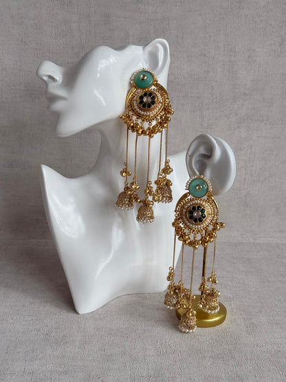 Ayura Designs Shagan Earrings – Mint Green Statement Earrings with Multi Jhumki Drops, Pearl Detailing & Ghungroo Accents
