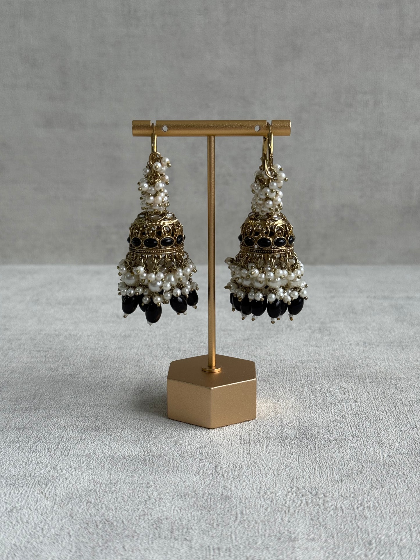 Ayura Designs Jugni Jhumkis – Antique Gold Balis with Black Beads & Pearl Clusters