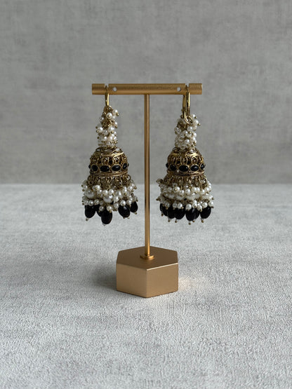 Ayura Designs Jugni Jhumkis – Antique Gold Balis with Black Beads & Pearl Clusters