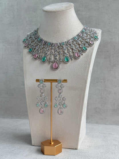 Ayura Designs Skye Necklace Set with Earrings – Blush Pink & Mint Green Stones with Crystal Detailing in Silver Finish