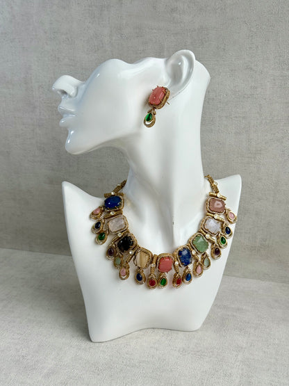 Ayura Designs Adelaide Necklace Set with Earrings – Multicolour Moissanite with Peach Stone Drop Earrings