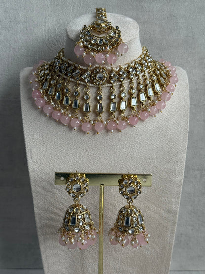 Ayura Designs Shaheen Set with Jhumkis & Tikka – Blush Pink Beads, Mirror Kundan & Gold Finish