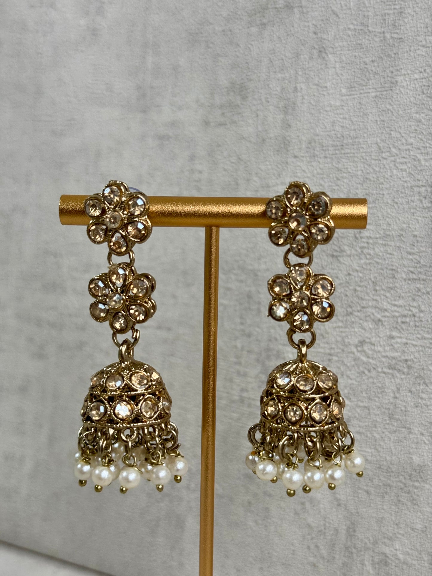 Ayura Designs Asima Set with Jhumkis & Tikka - Handcrafted Gold-tone Necklace, Cream-coloured Beads & Stones