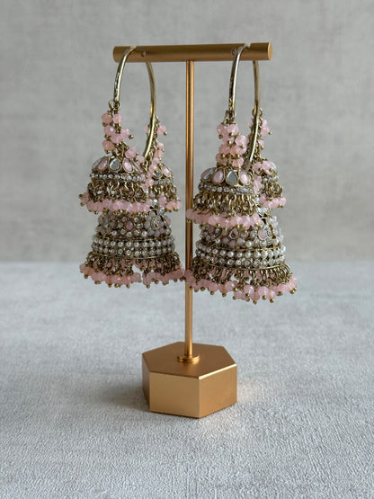 Ayura Designs Jindri Balis – Blush Pink & Antique Gold Triple Jhumki Earrings with Mirror-Cut Stones & Pearl Detailing