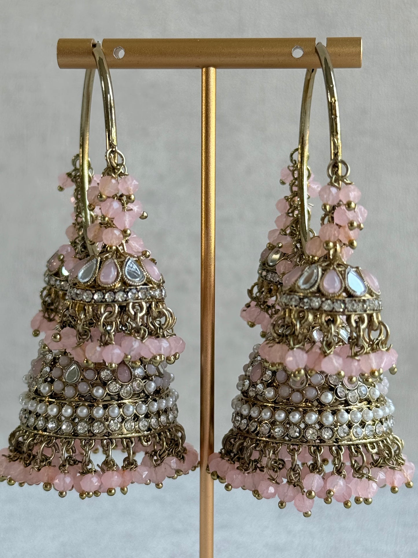 Ayura Designs Jindri Balis – Blush Pink & Antique Gold Triple Jhumki Earrings with Mirror-Cut Stones & Pearl Detailing