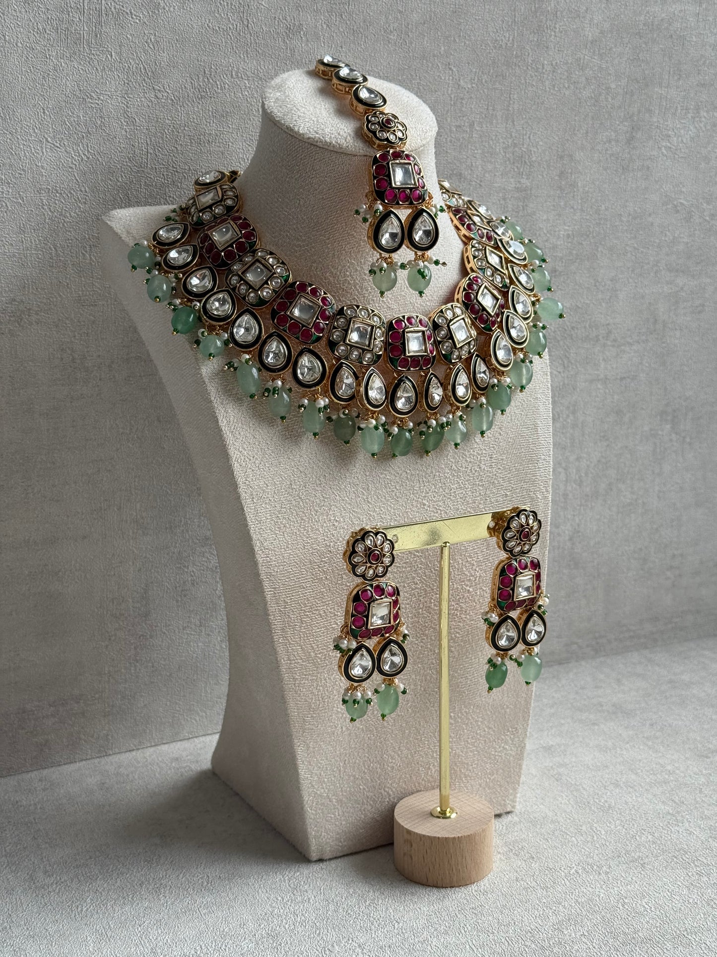 Ayura Designs Salma Set – Necklace, Earrings & Tikka with Mirror-Cut Kundan, Pink & Mint Beads, Emerald Green Meenakari & Gold Finish