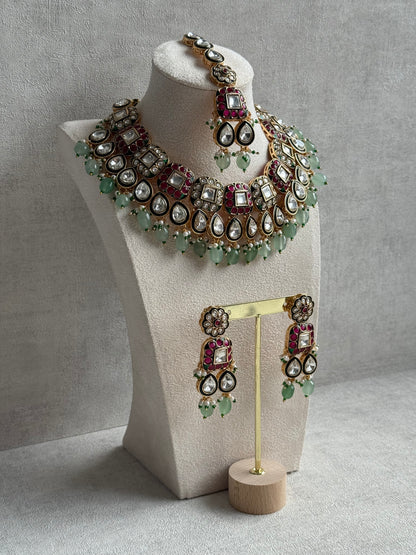 Ayura Designs Salma Set – Necklace, Earrings & Tikka with Mirror-Cut Kundan, Pink & Mint Beads, Emerald Green Meenakari & Gold Finish