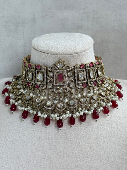 Ayura Designs Aisha Choker Set with Earrings & Tikka – Rani Pink Stones, Red Beads, Polki & Pearl Detailing