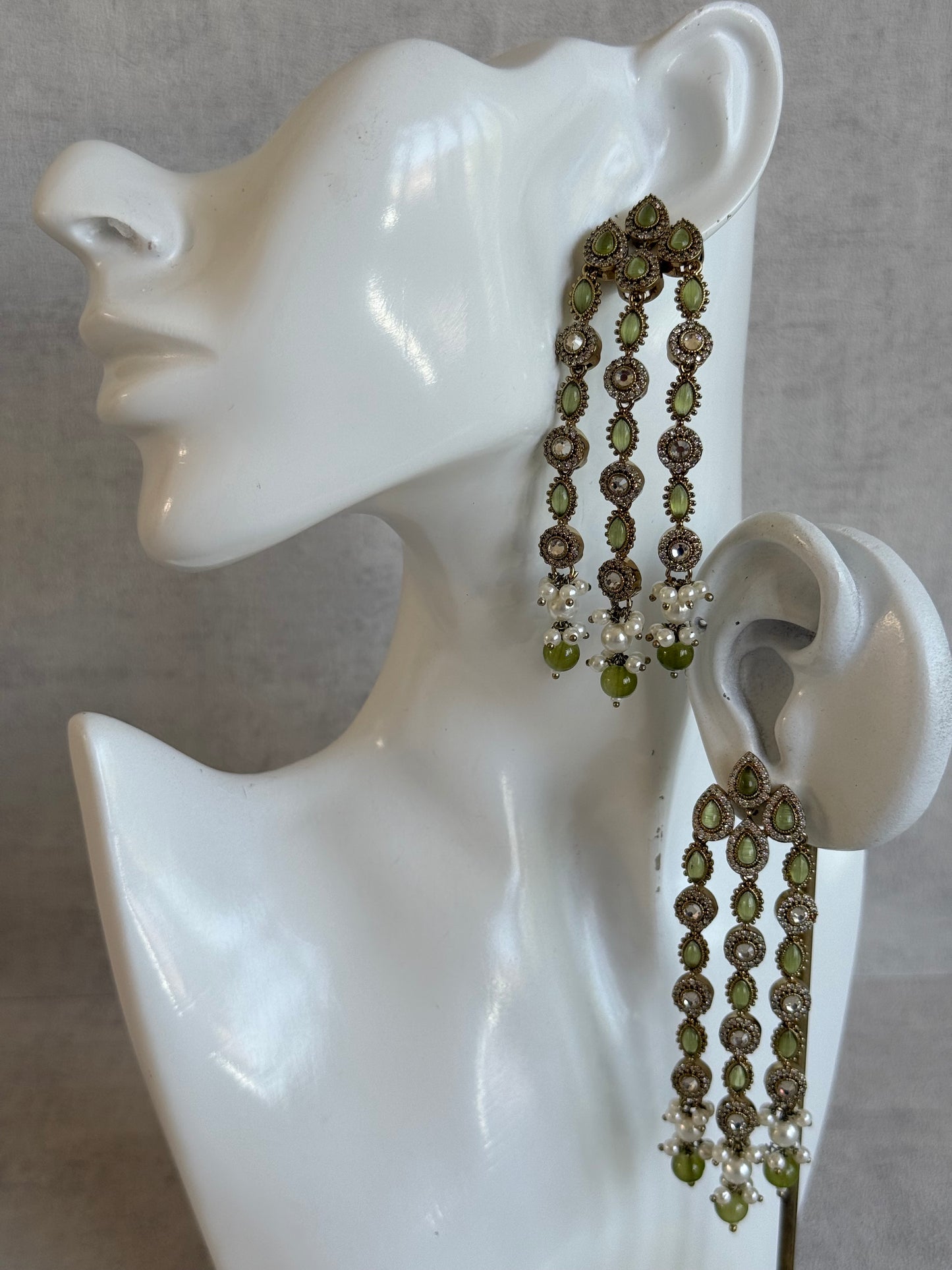 Ayura Designs Emilia Earrings – Gold Triple Strand Statement Earrings with Olive Green Stones & Pearl Drops