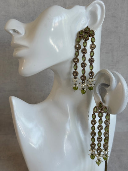 Ayura Designs Emilia Earrings – Gold Triple Strand Statement Earrings with Olive Green Stones & Pearl Drops