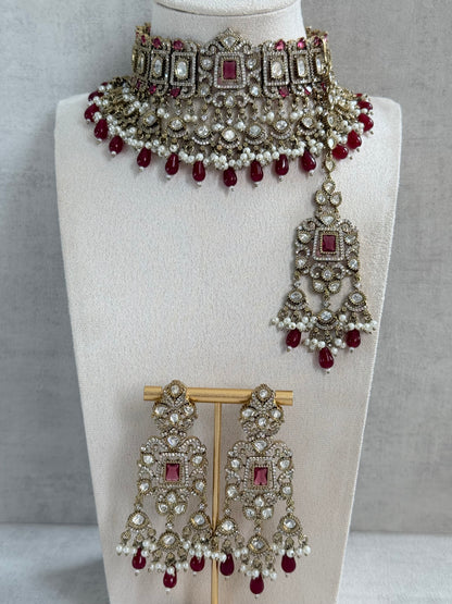 Ayura Designs Aisha Choker Set with Earrings & Tikka – Rani Pink Stones, Red Beads, Polki & Pearl Detailing