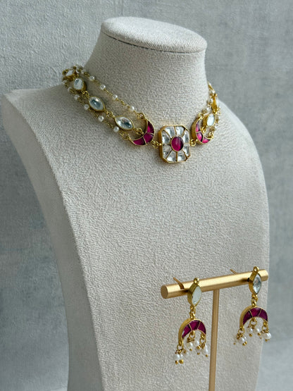 Ayura Designs Mahi Choker Set with Earrings – Meenakari Kundan Hot Pink & Ivory Detailing