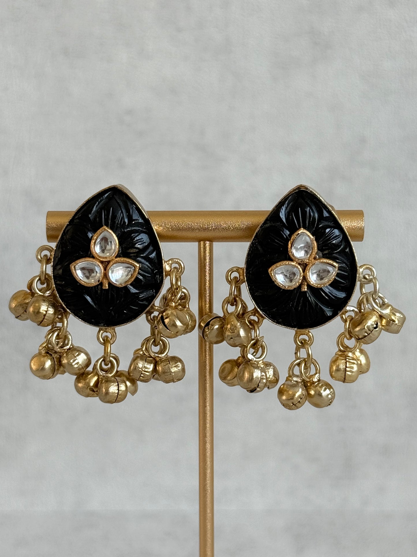 Ayura Designs Aykai Earrings – Black Carved Teardrop Stud Earrings with Clear Kundan Stones & Gold Ghungroo Drops