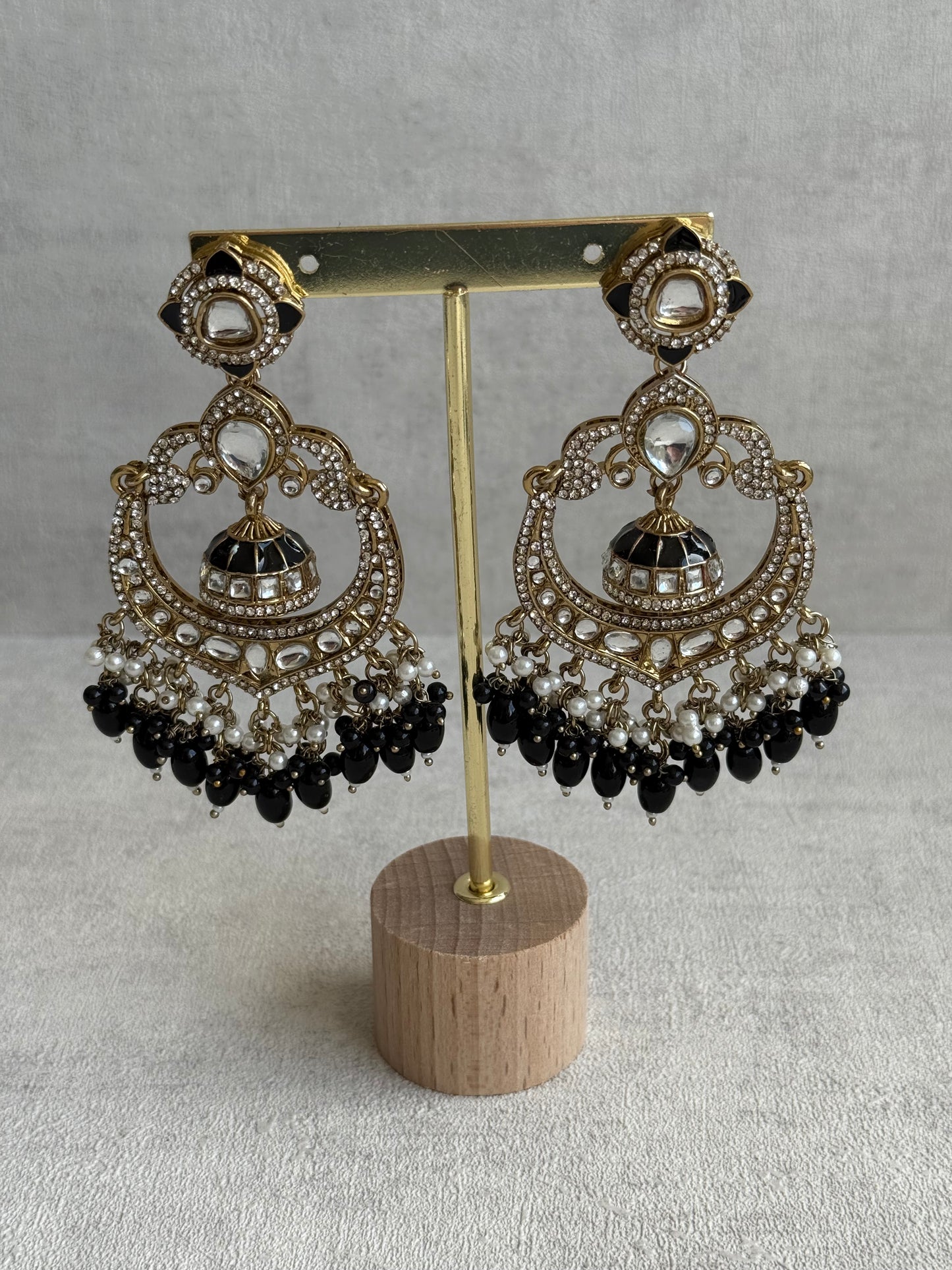 Ayura Designs Reha Earrings – Statement Chandbalis with Black Beads, Pearls & Mirror-Cut Stones