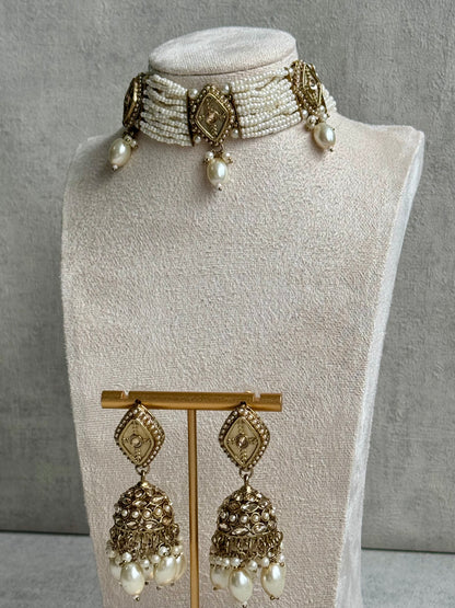 Ayura Designs Ariana Choker Set with Jhumkis – Kundan & Multicolor Beads in Antique Gold