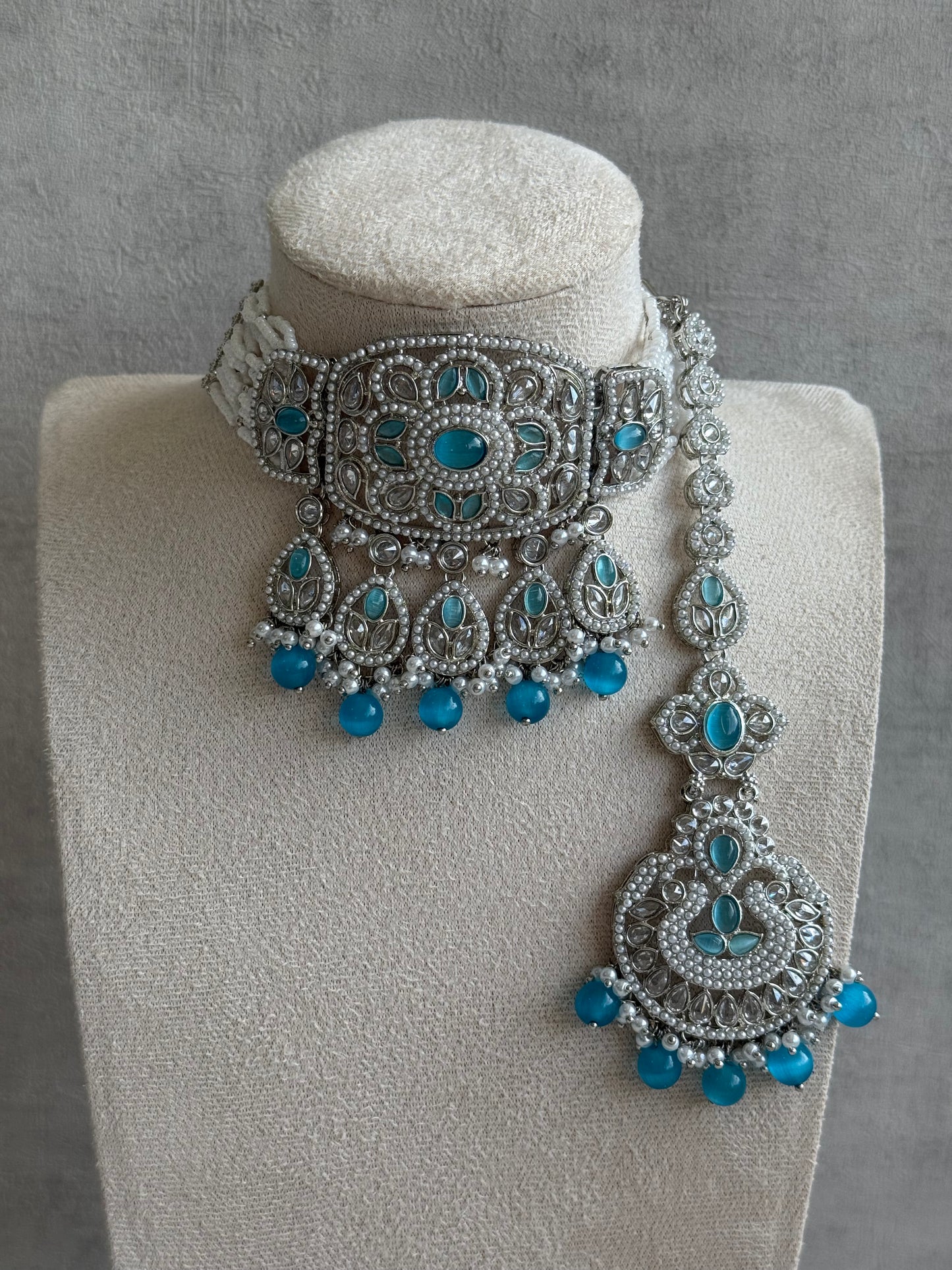 Ayura Designs Zarlish Set – Choker, Earrings & Tikka with Mirror-Cut Stones, Aqua Blue Beads & Silver Finish