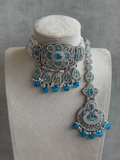 Ayura Designs Zarlish Set – Choker, Earrings & Tikka with Mirror-Cut Stones, Aqua Blue Beads & Silver Finish