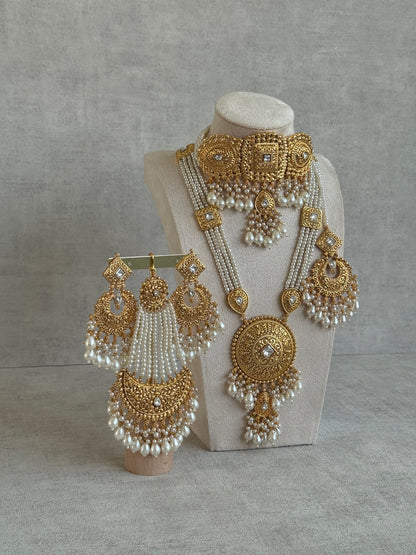 Ayura Designs Mannat Bridal Set with Choker, Haar, Earrings, Tikka & Passa – Ivory Pearls & Antique Gold Finish