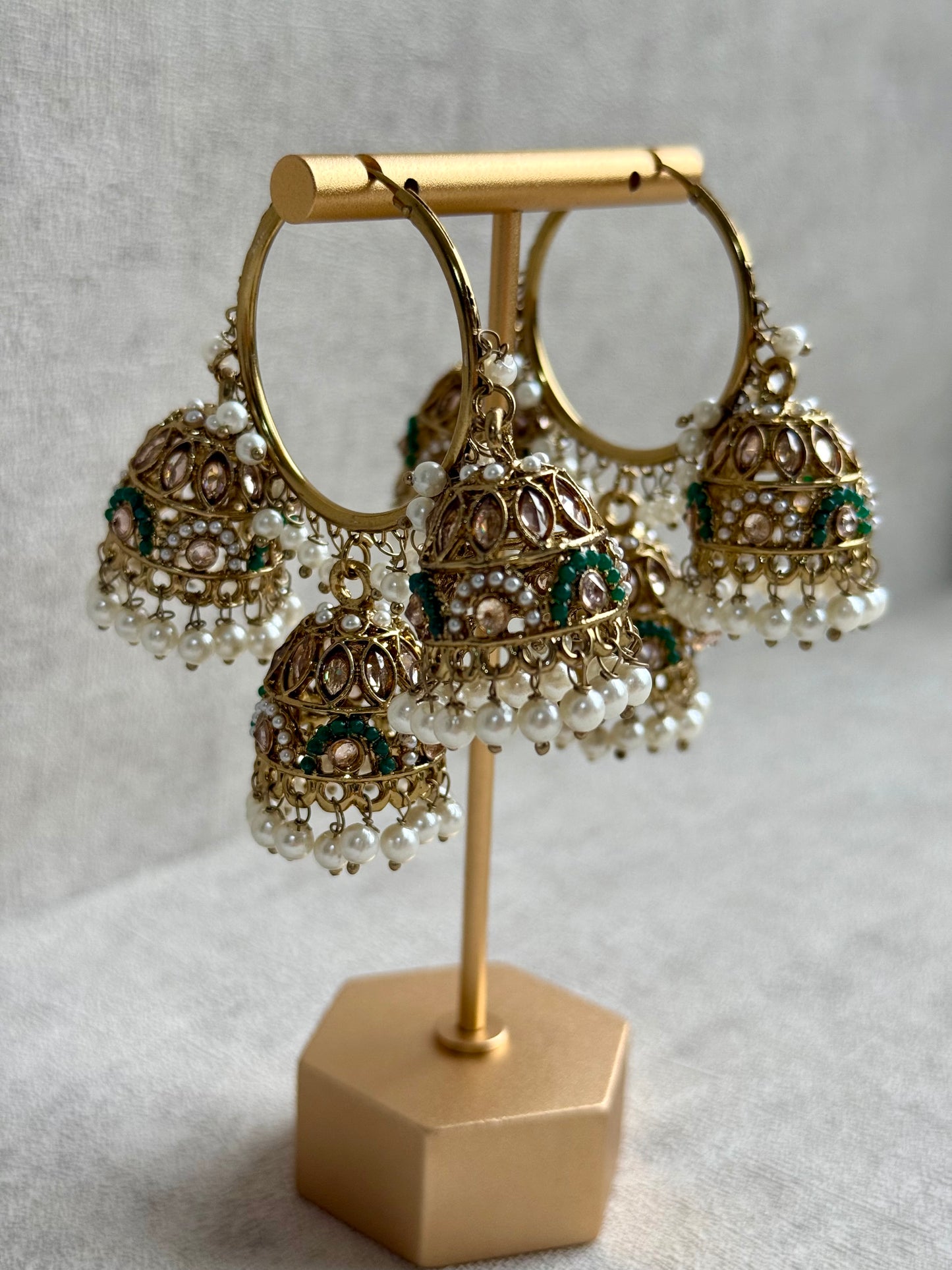 Ayura Designs Nakhra Balis – Emerald Triple Dome Earrings with Mirror-Cut Stones & Pearl Detailing