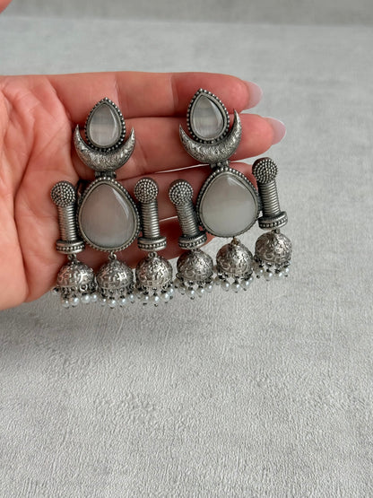 Ayura Designs Qissa Earrings – Oxidised Triple Jhumki Earrings with Opal Grey Stones & Pearl Detailing