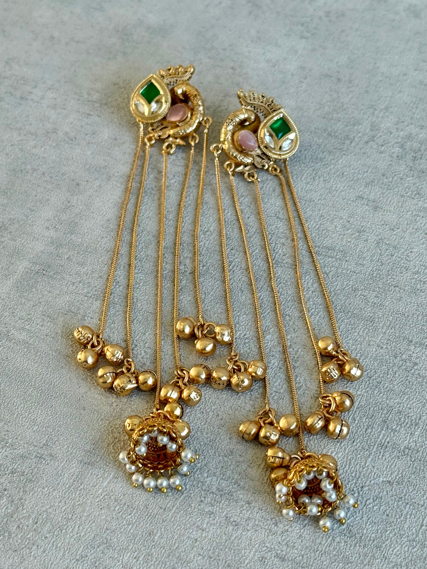 Ayura Designs Morira Earrings – Antique Gold Jhumki Earrings with Kundan Stones, Chains & Ghungroo Detailing